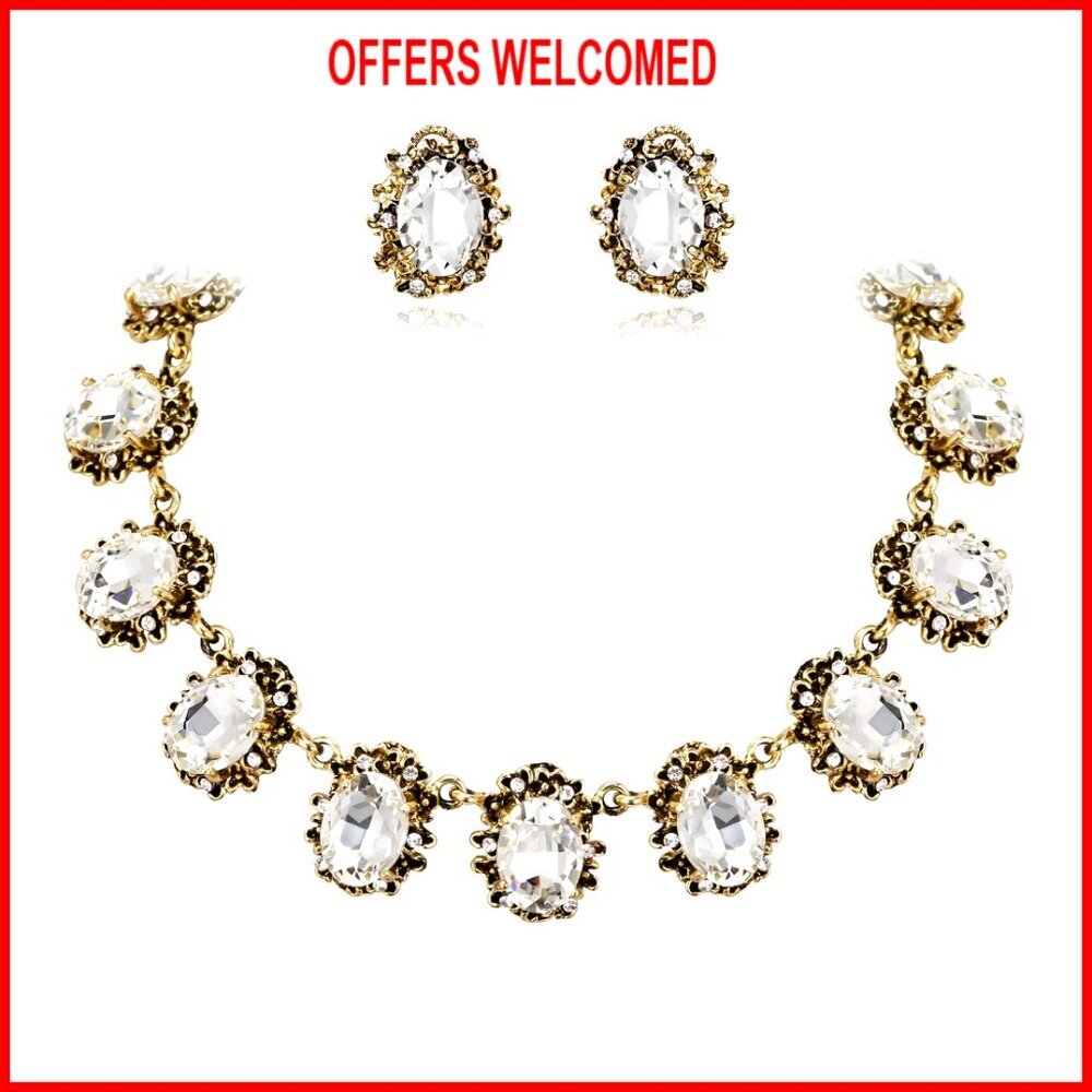 Victorian Style Statement Necklace Earrings Set Crystal Floral Cameo